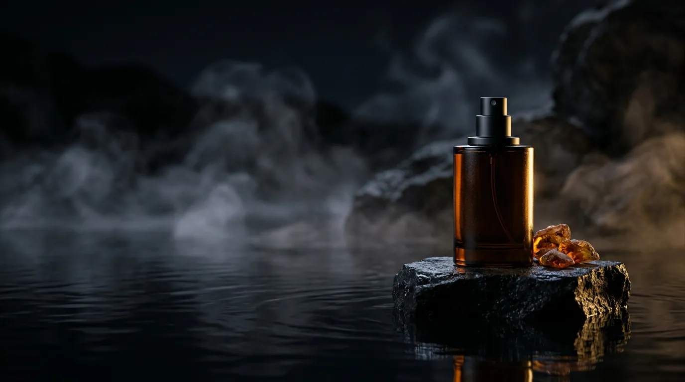 A plain amber perfume bottle on a dark stone in black water beside amber resin, smoke drifting in gold light